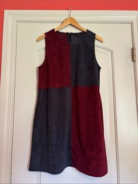 Very J Two-Tone Suede-Look Colorblock Mini Dress - Wine & Navy. Size Large